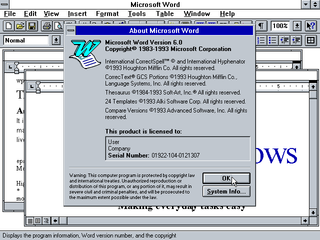 Microsoft Word for Windows 6.0 About Dialog (1993)